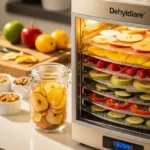 Deshidratador de alimentos con bandejas llenas de frutas en proceso de deshidratación, acompañado de frascos y bowls con frutas secas y frescas.
