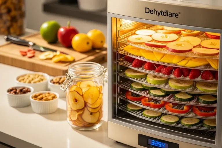 Deshidratador de alimentos con bandejas llenas de frutas en proceso de deshidratación, acompañado de frascos y bowls con frutas secas y frescas.