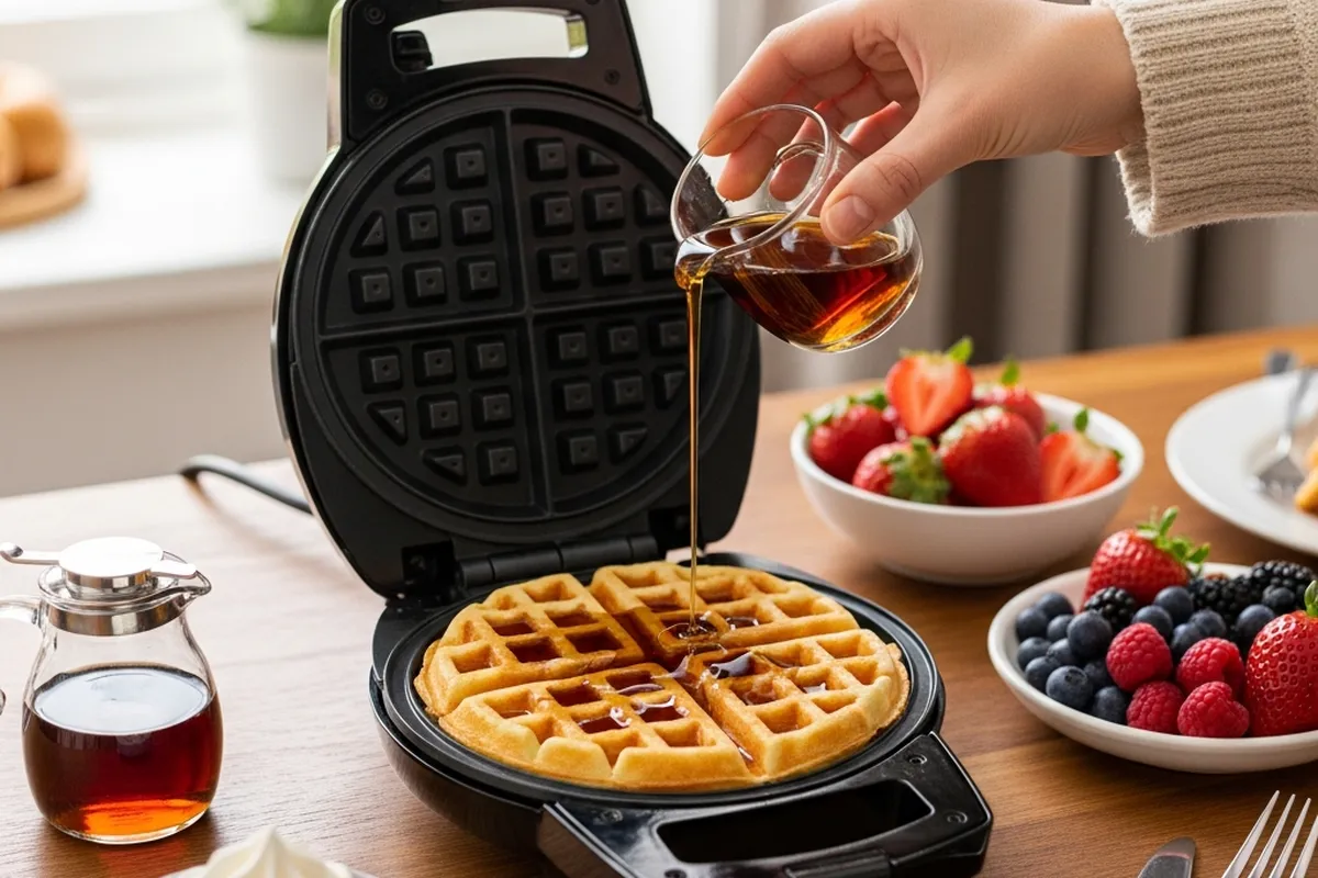 Una mano vierte jarabe sobre un waffle recién hecho en una wafflera, mientras hay frutas y jarabe en la mesa