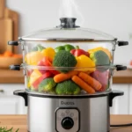 Vaporera con vegetales variados, incluyendo brócoli, zanahorias y pimientos, en una cocina moderna.