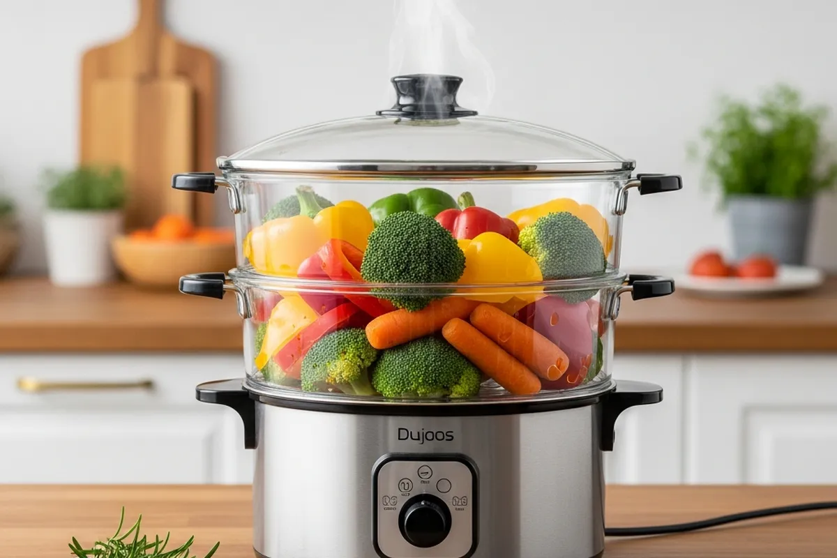 Vaporera con vegetales variados, incluyendo brócoli, zanahorias y pimientos, en una cocina moderna.