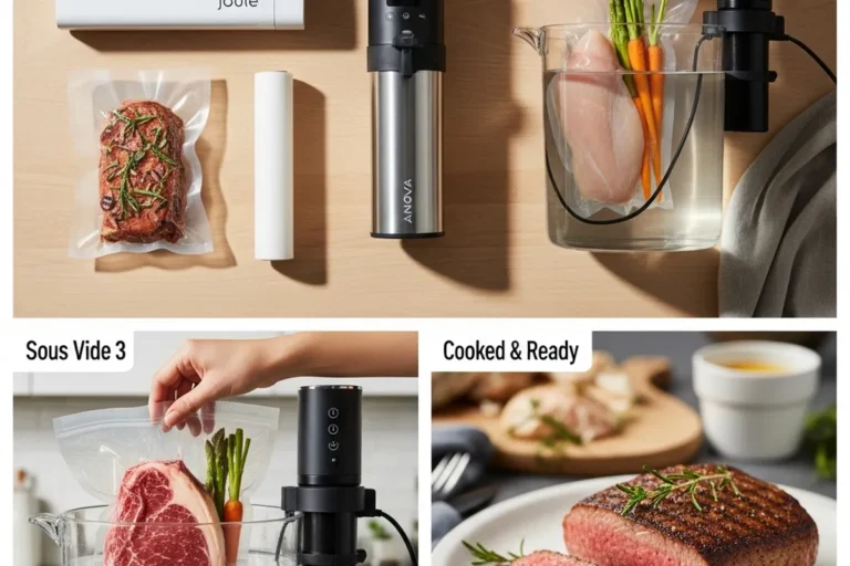 Equipo de cocina sous vide que incluye una bolsa de vacío con carne, un termómetro y platos preparados.