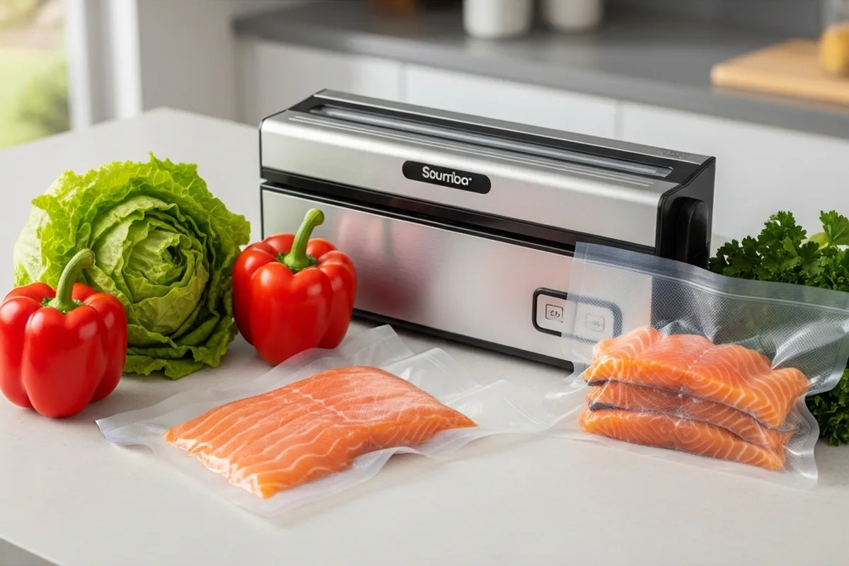 Máquina envasadora al vacío con salmón, pimientos rojos y lechuga en una superficie de cocina.