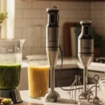 Imágenes de licuadoras y batidores en una cocina moderna con ingredientes frescos y bebidas preparándose