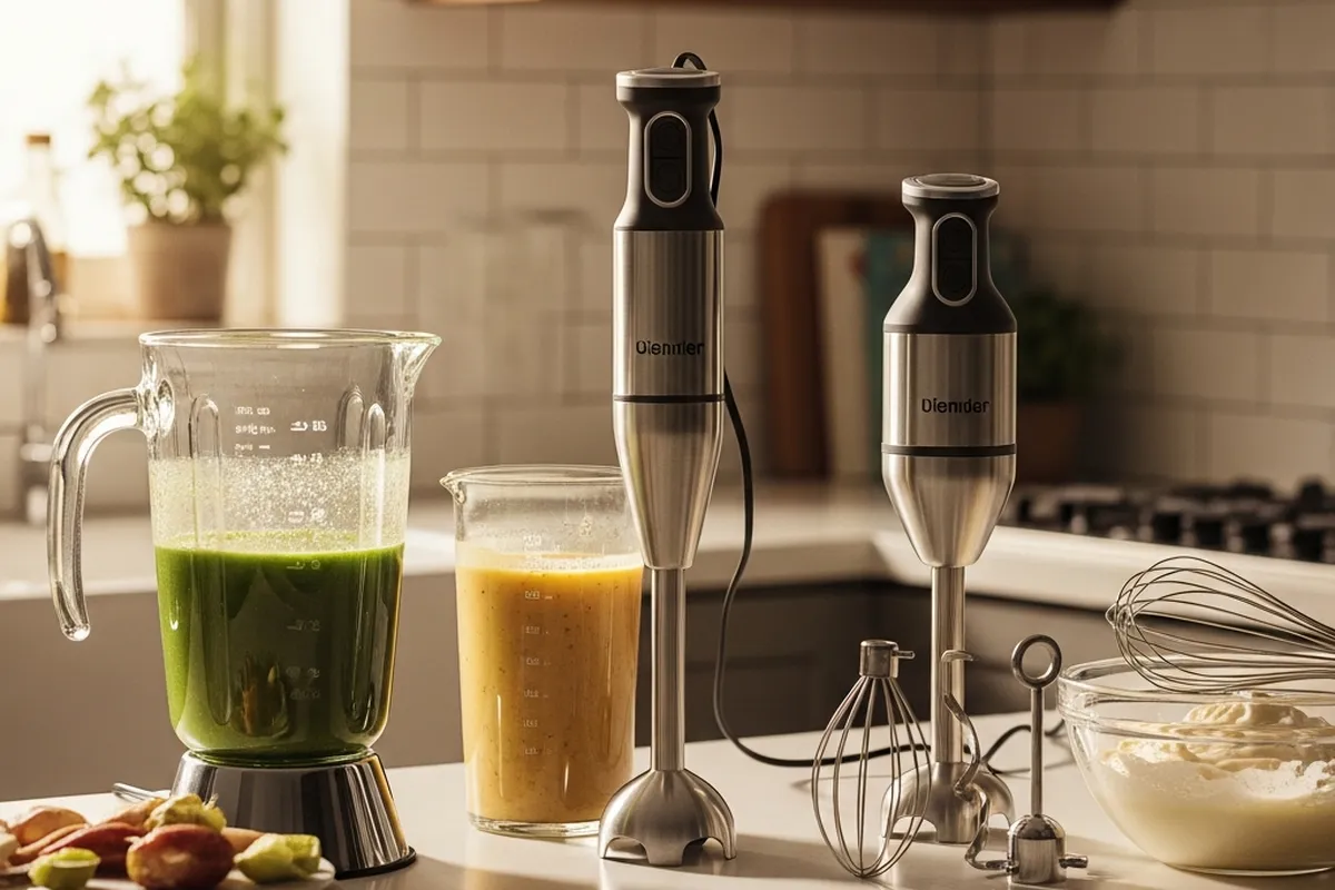 Imágenes de licuadoras y batidores en una cocina moderna con ingredientes frescos y bebidas preparándose