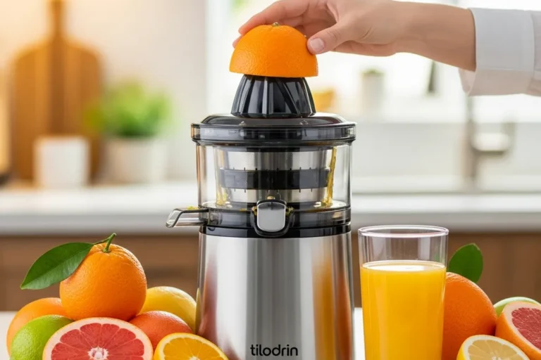 Extractor de jugo con una mano colocando una naranja en la parte superior, rodeado de frutas y un vaso de jugo.