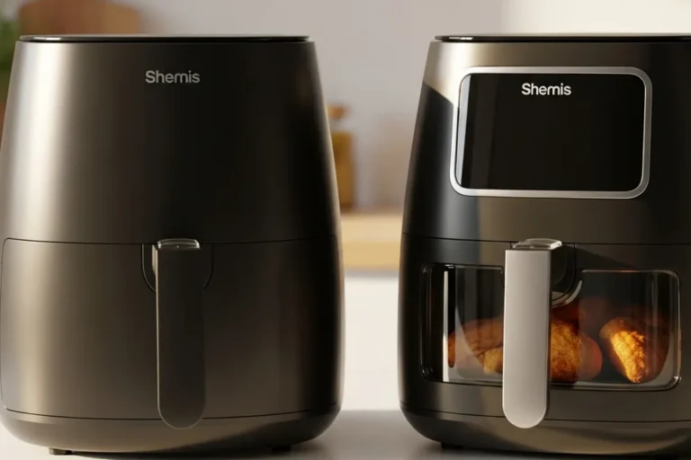 Dos freidoras de aire de la marca Shemis en un entorno de cocina.