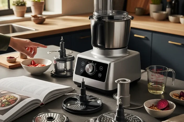 Robot de cocina en una mesa con utensilios, ingredientes y un libro de recetas.