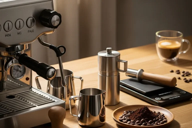 Máquina de café con accesorios, incluyendo tazas metálicas, balanza, cafetera moka y café molido, en una mesa de madera.