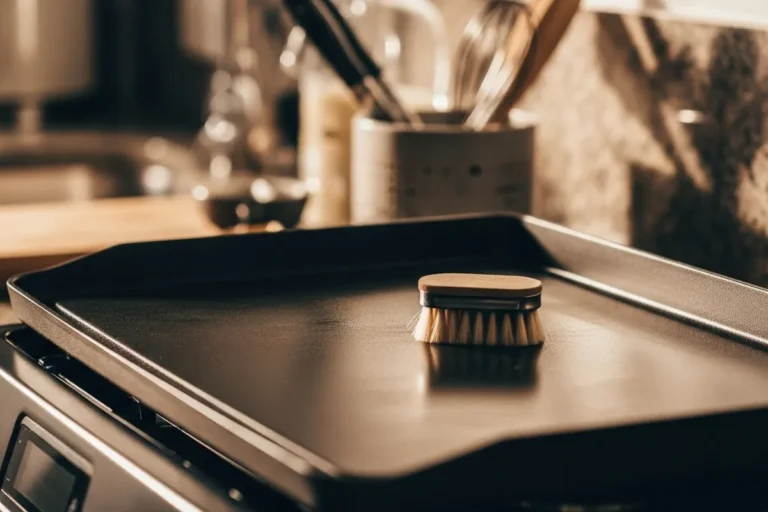 Cepillo de limpieza sobre una bandeja de cocina lisa.