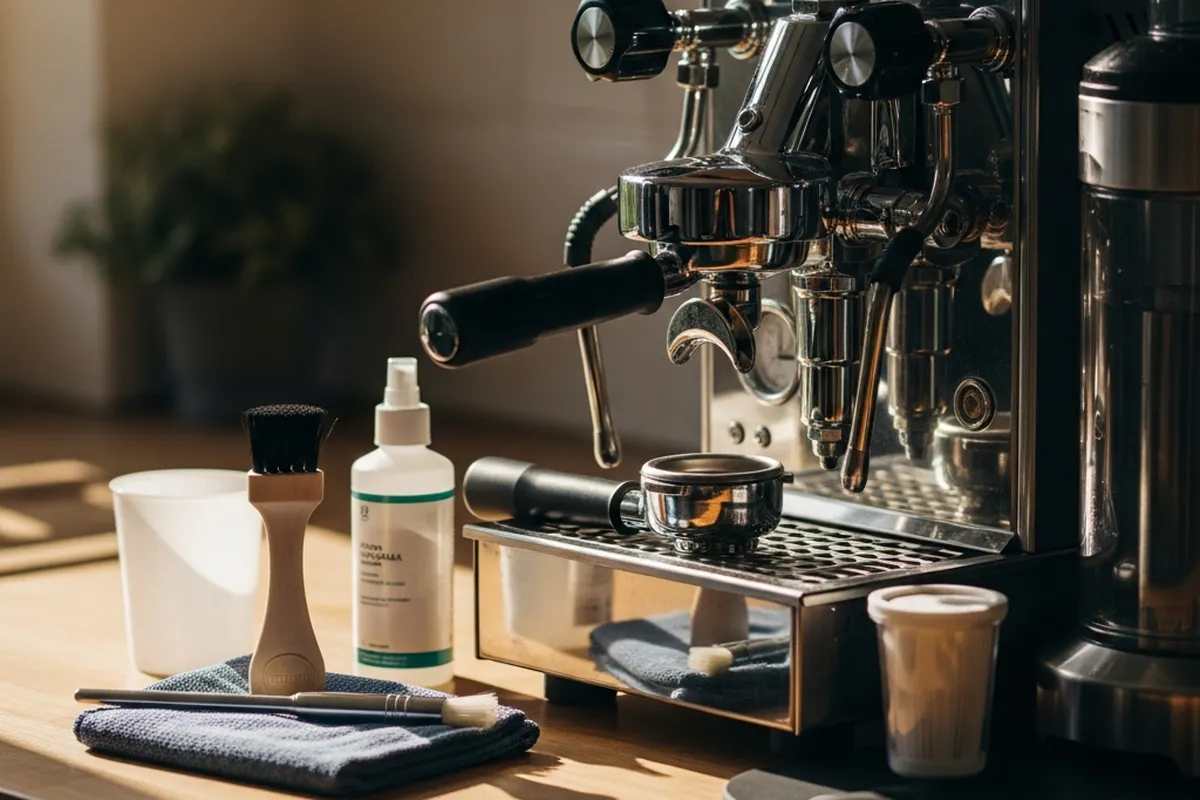 Máquina de café espresso con accesorios de limpieza y utensilios sobre una superficie de madera.