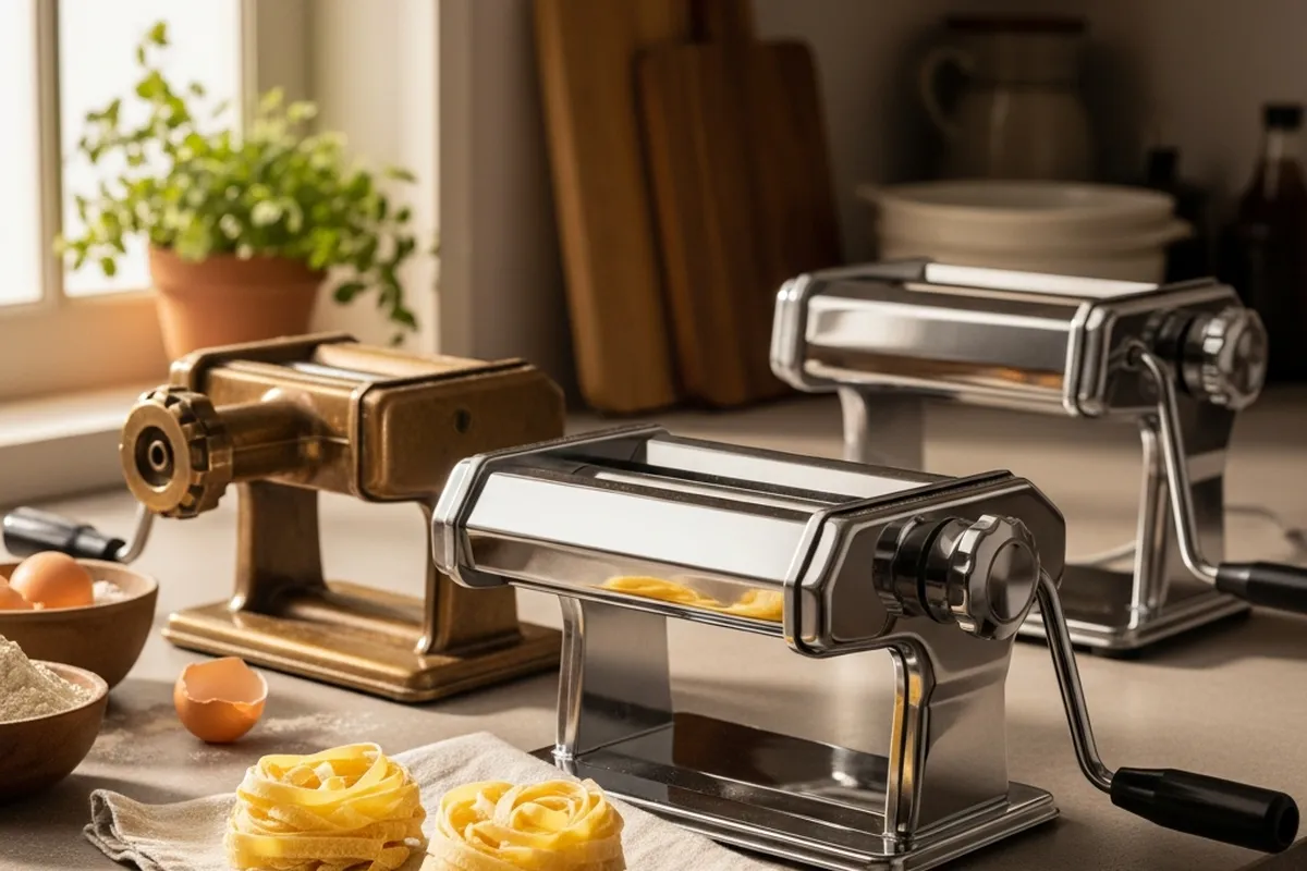 Tres máquinas para hacer pasta en una cocina, incluyendo una antigua de color bronce y dos modernas de acero inoxidable.