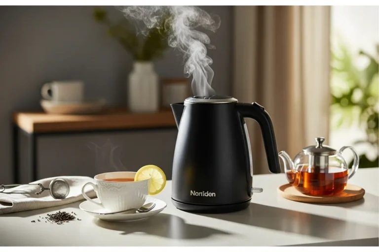 Hervidor negro con vapor, junto a una taza de té con limón y una tetera
