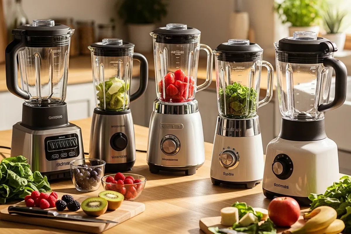 onjunto de licuadoras de diferentes marcas en una cocina moderna, rodeadas de frutas y verduras frescas