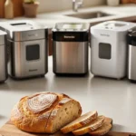 exto alternativo: Máquina de hacer pan junto a una barra de pan recién horneada en una cocina moderna.