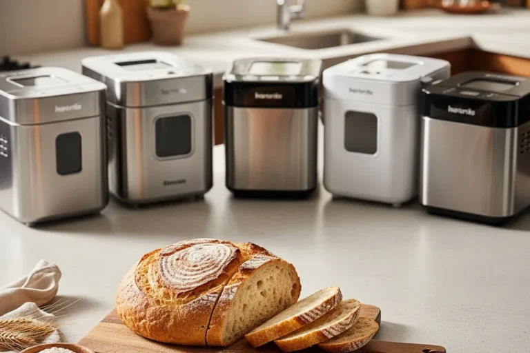 exto alternativo: Máquina de hacer pan junto a una barra de pan recién horneada en una cocina moderna.