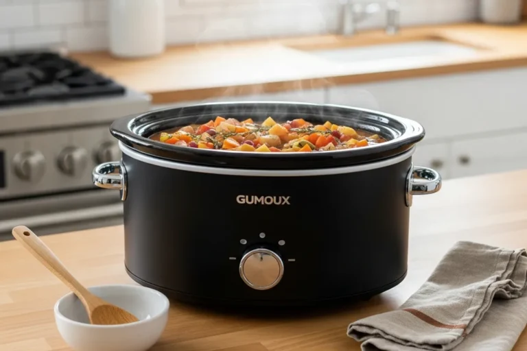 Olla de cocción lenta negra con verduras y carne humeante en la mesa de una cocina.