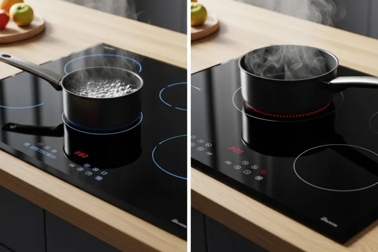 Una cocina de inducción con una olla hirviendo y vapor saliendo por encima.