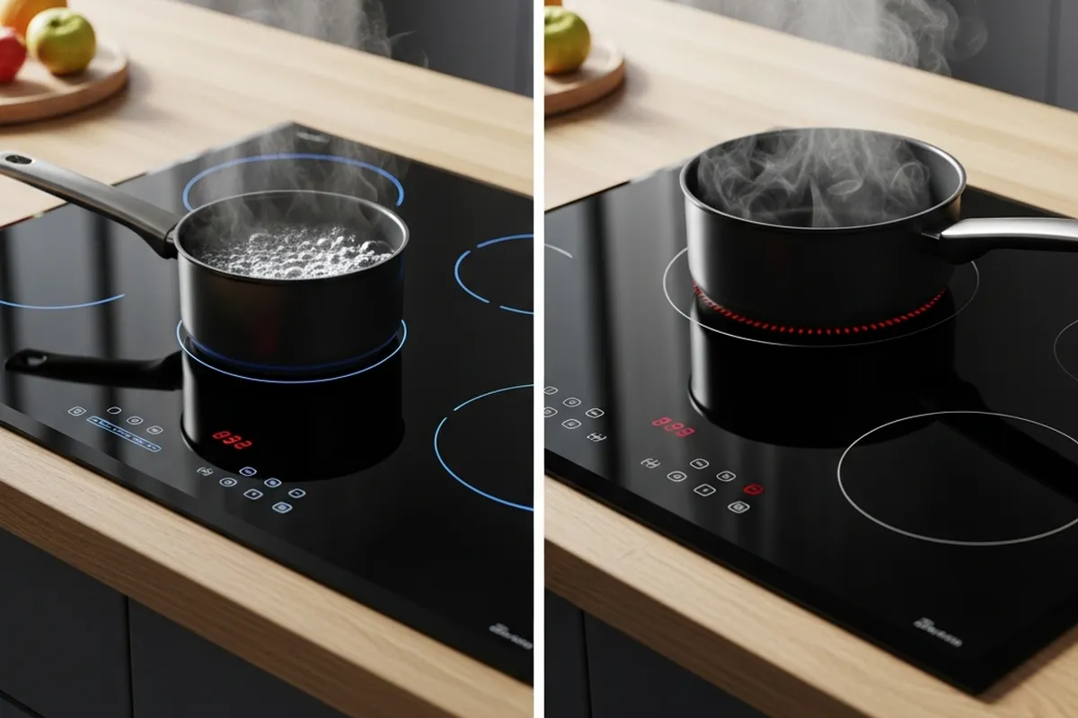 Una cocina de inducción con una olla hirviendo y vapor saliendo por encima.