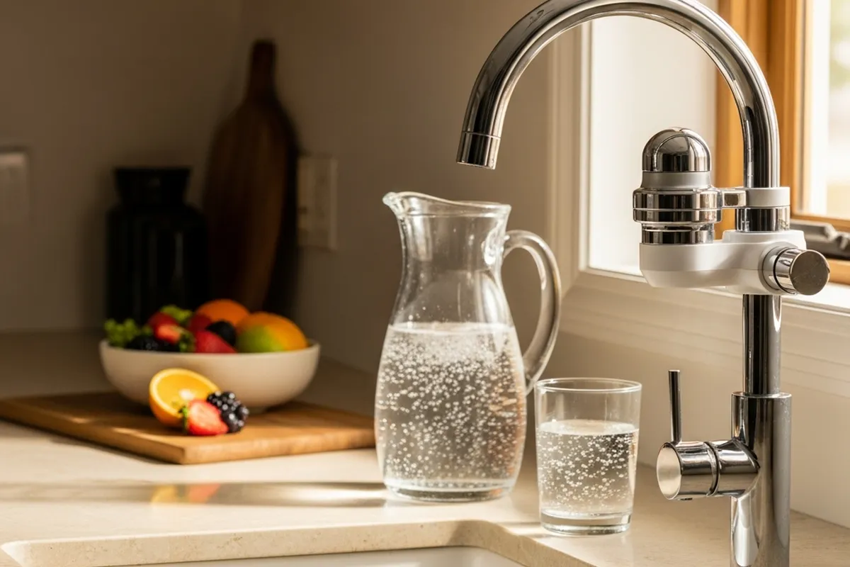 Grifo moderno con jarra de agua y un vaso en una cocina, junto a una bandeja con frutas.