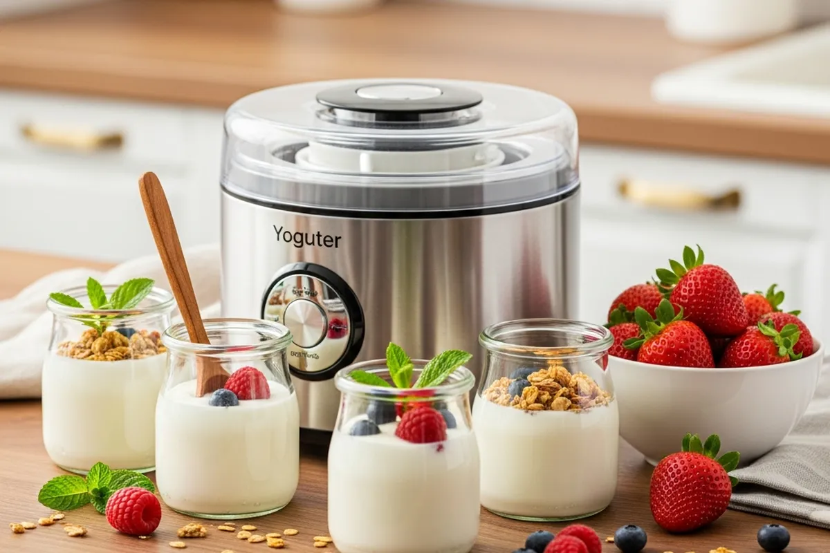 Yogurtera plateada junto a tarros de yogur con frutas y granola en una mesa de cocina