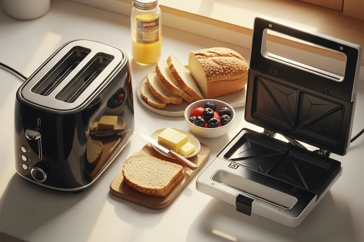 Un tostador negro junto a una sandwichera, rodajas de pan, mantequilla y un plato con frutas.