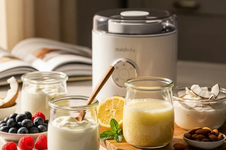 Imagen de un aparato para hacer yogur con ingredientes como leche, frutas, nueces y un libro de recetas.