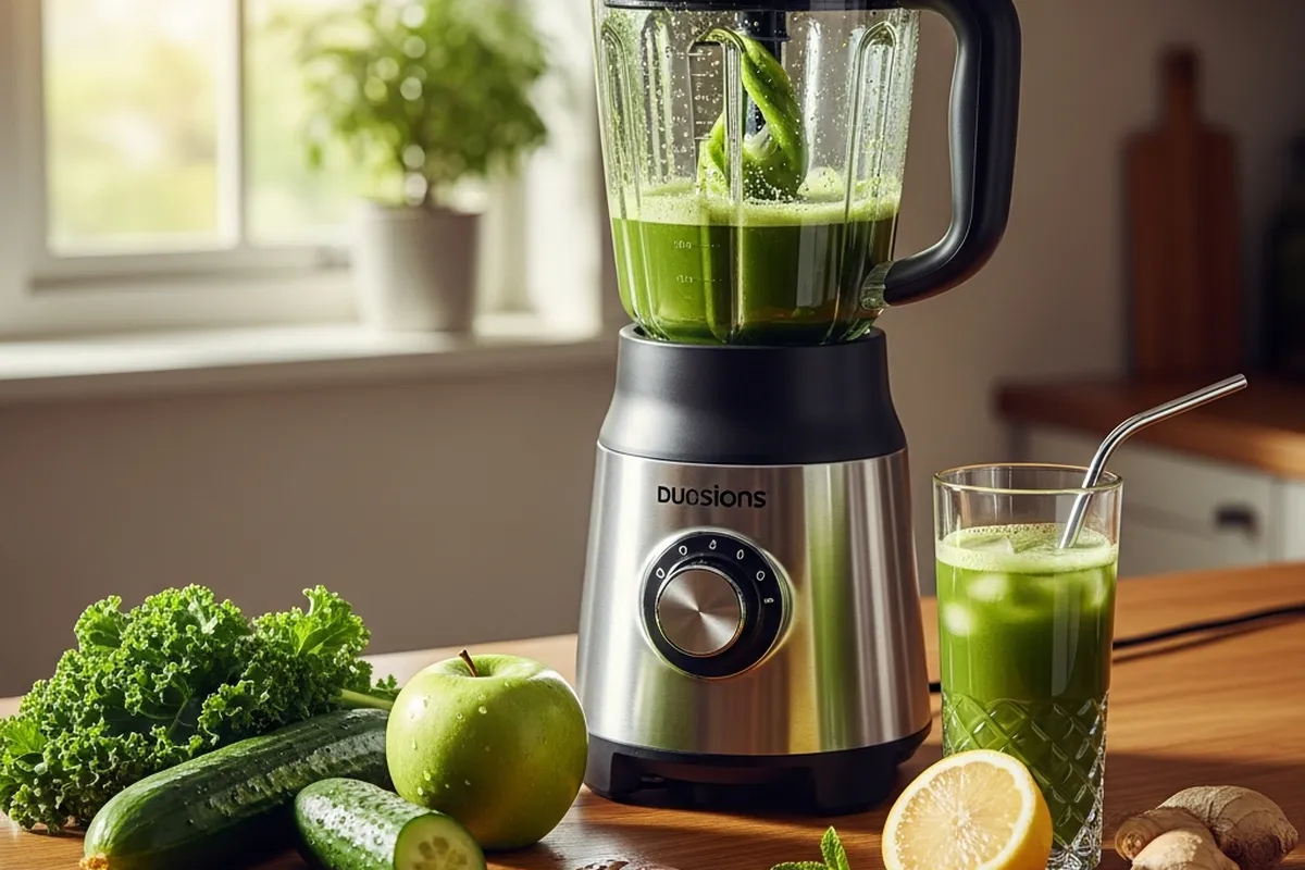 Una licuadora de acero inoxidable con un batido verde de verduras y frutas junto a un vaso con jugo verde, sobre una mesa de madera.