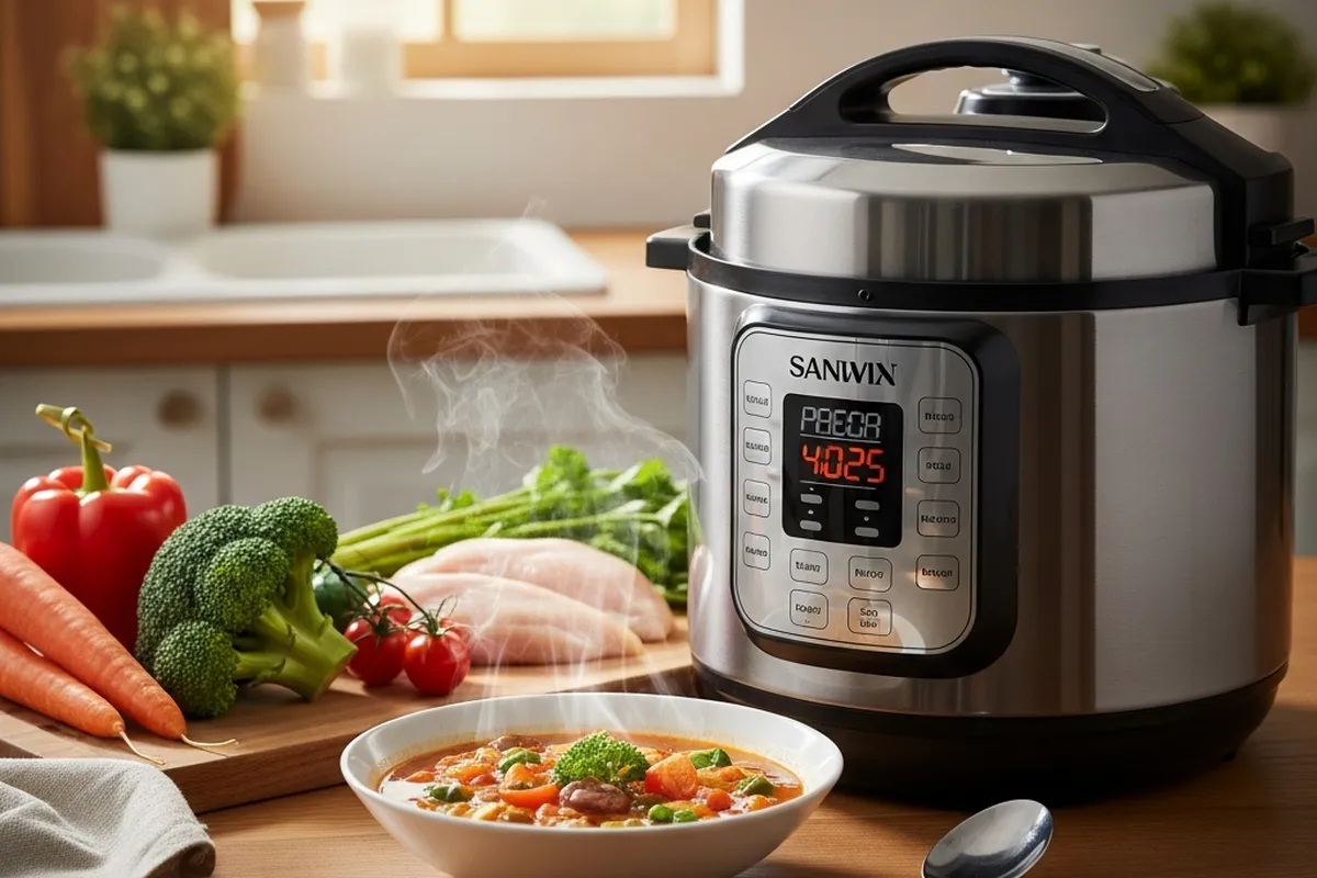 Olla de cocina eléctrica Sanvin con verduras frescas y un plato de sopa humeante en la mesa.