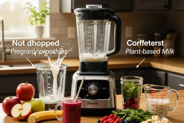 Licuadora en una cocina con frutas, verduras y preparados en recipientes alrededor.