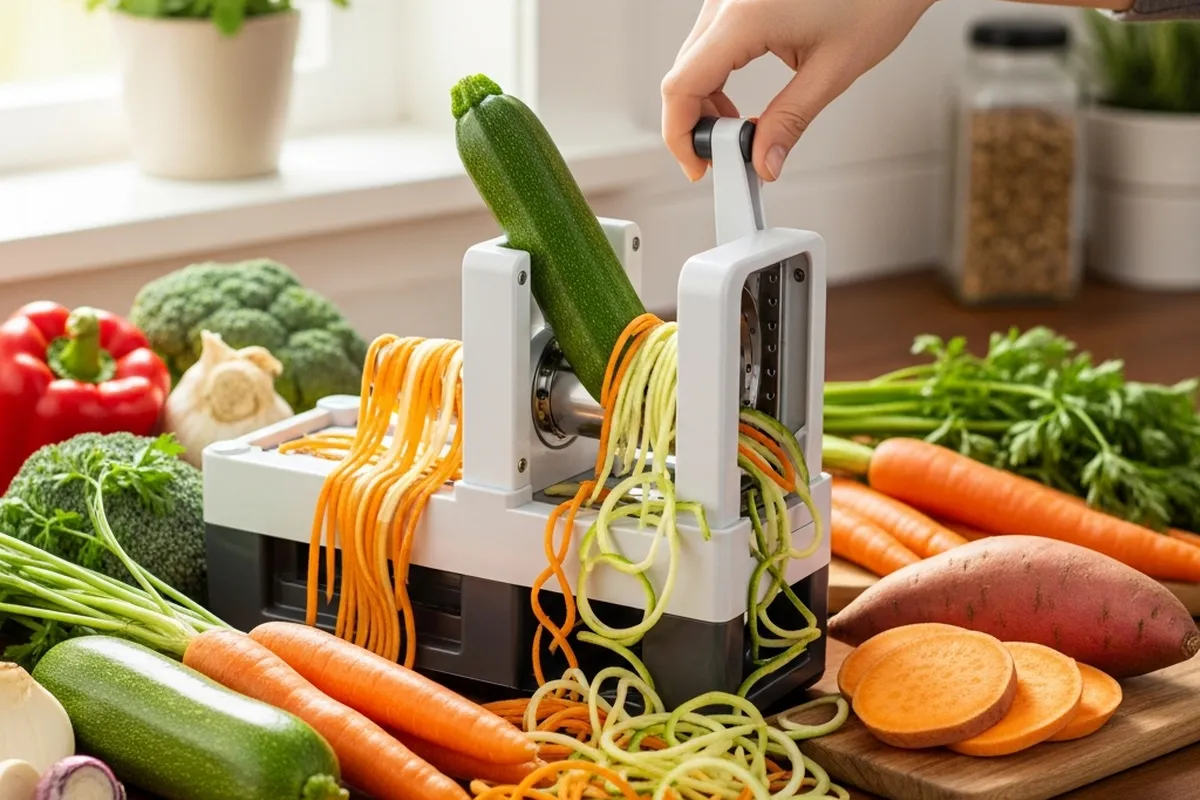 Un espiralizador de verduras en uso, creando tiras de calabacín y rodeado de diversas hortalizas frescas.